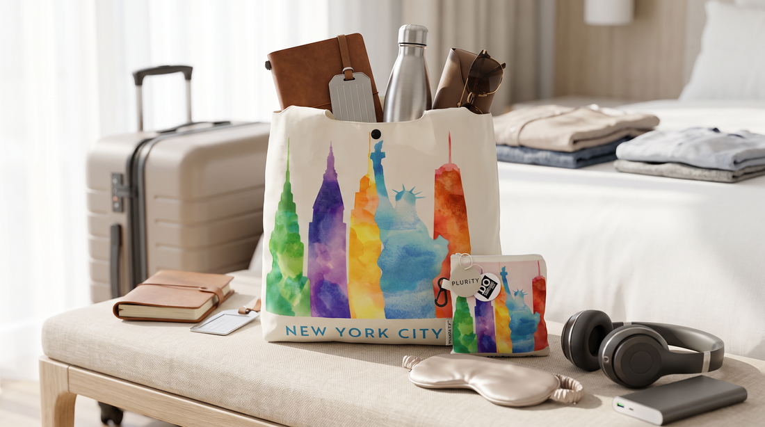 PLURiTy roll-up reusable tote with compact travel gifts and coordinating storage pouch.