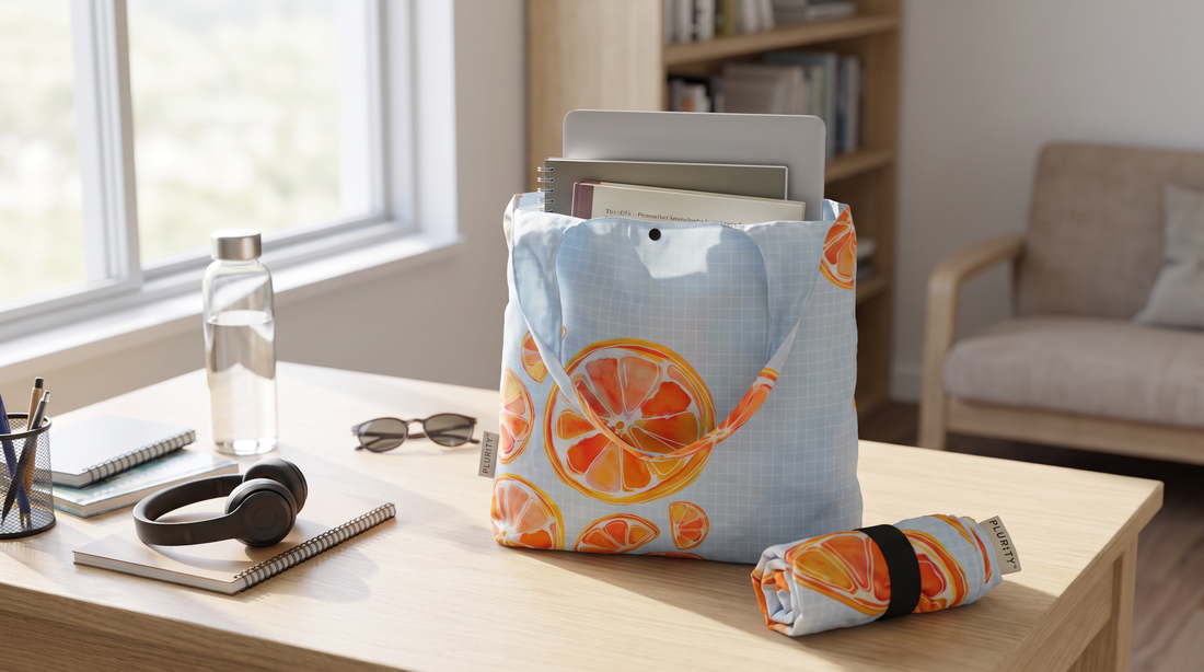 PLURiTy roll-up reusable tote with college books and campus essentials.