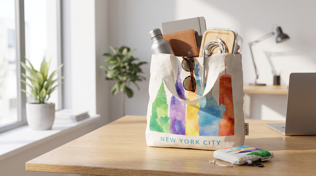 PLURiTy roll-up reusable tote with work and commuting essentials in a modern office.