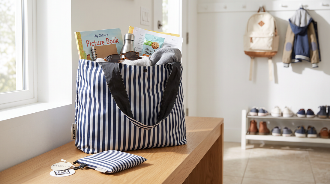 PLURiTy roll-up reusable tote with family, school, and everyday essentials.