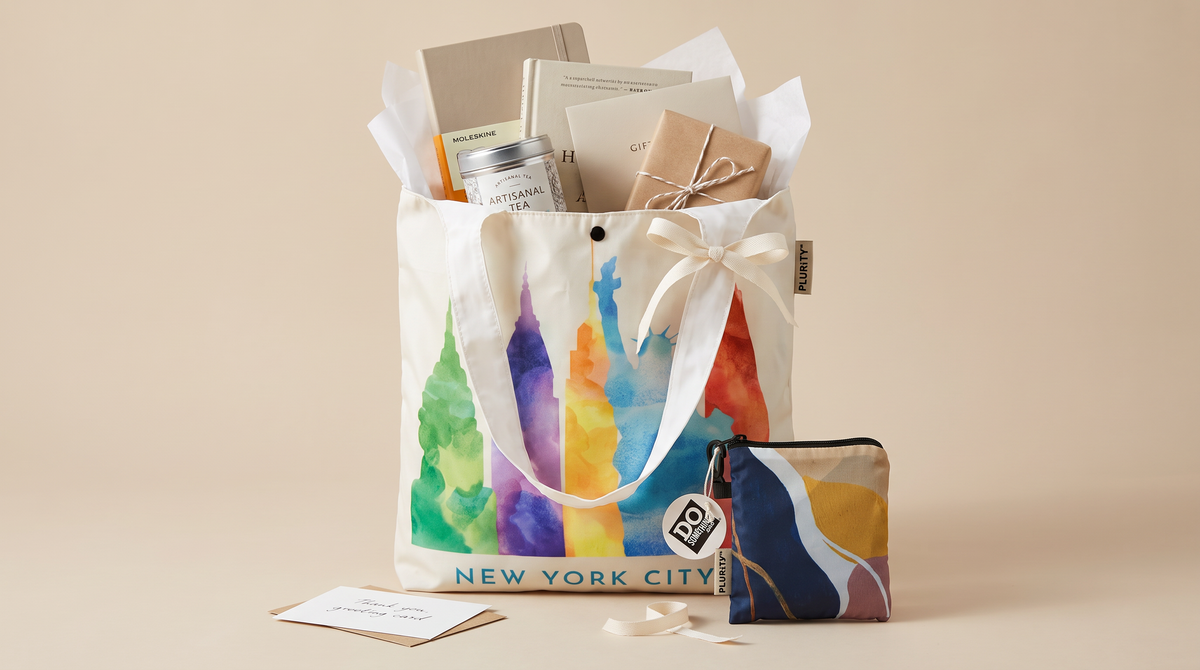 PLURiTy roll-up reusable tote presented as a thoughtful gift with practical items and coordinating pouch.