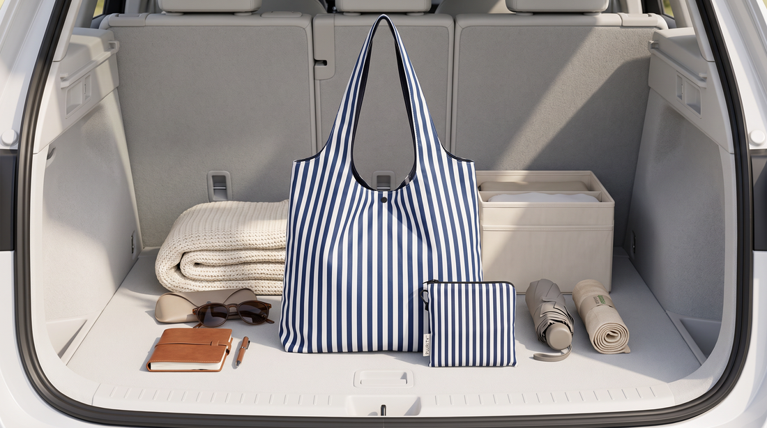PLURiTy roll-up reusable tote with organized everyday car essentials for errands.