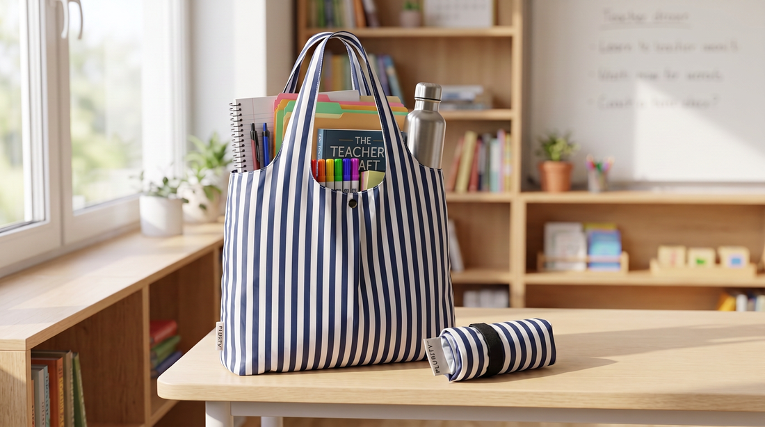 PLURiTy roll-up reusable tote with books and teacher supplies in a classroom.