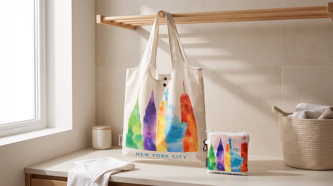Clean PLURiTy roll-up reusable tote air drying beside its coordinating compact storage pouch.