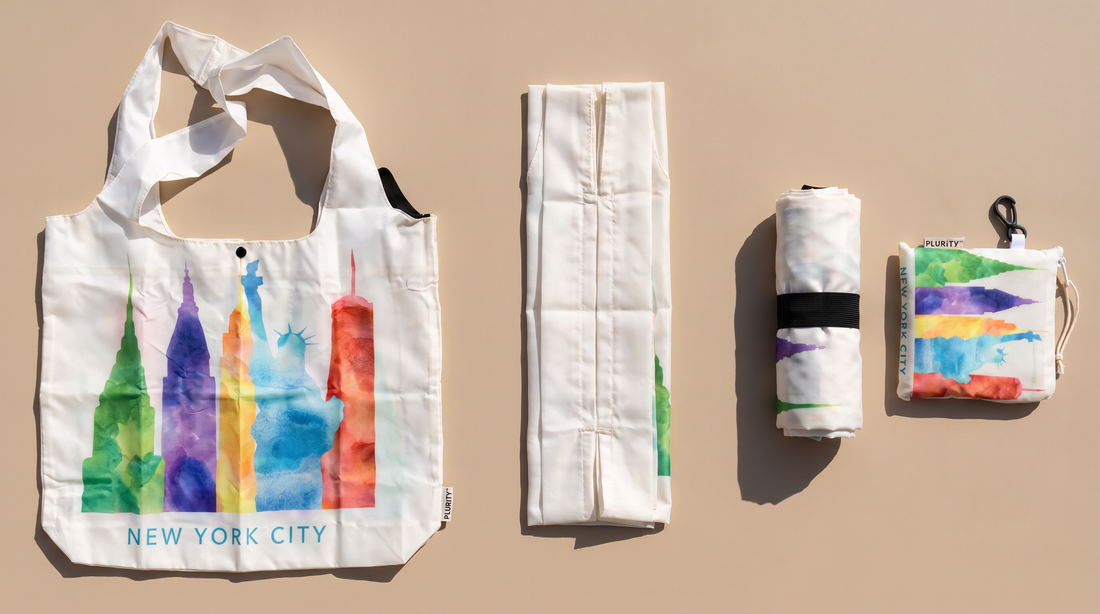 PLURiTy reusable tote shown flat, folded, rolled, and stored in its coordinating pouch.