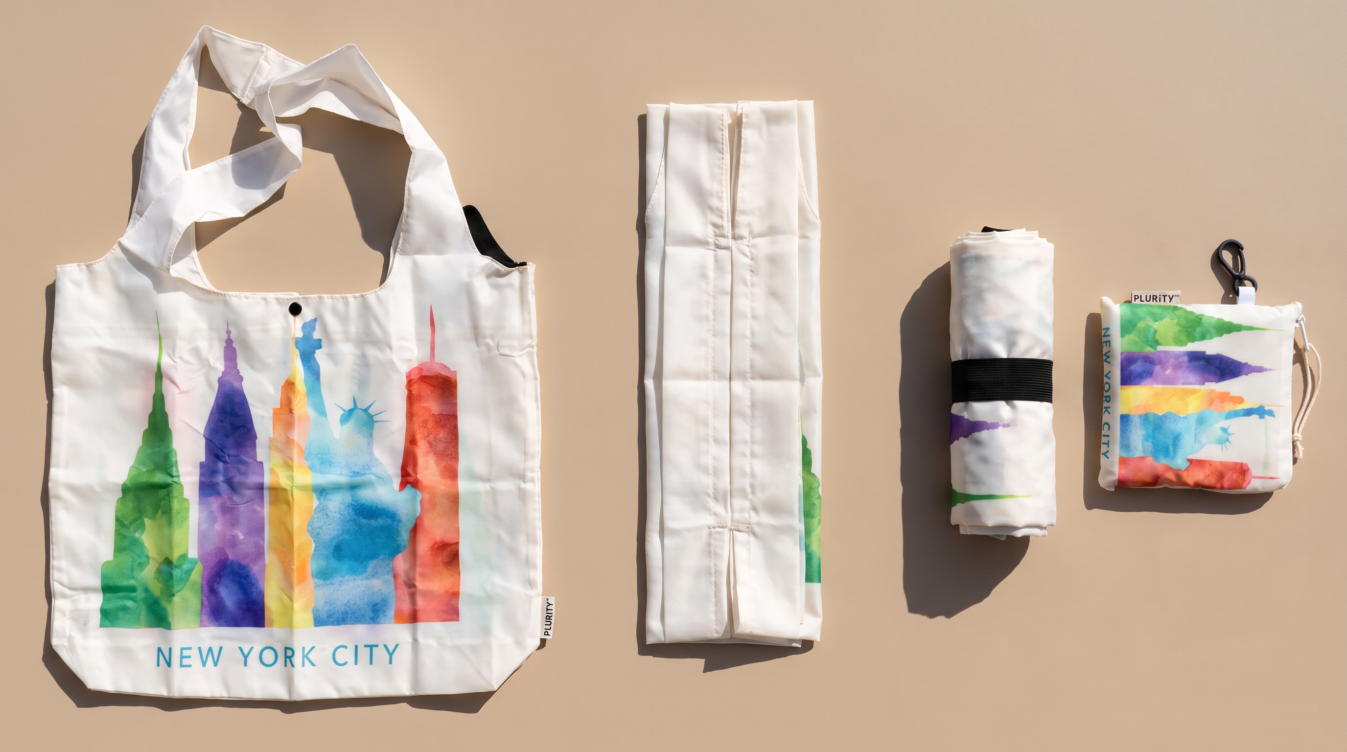 PLURiTy reusable tote shown flat, folded, rolled, and stored in its coordinating pouch.