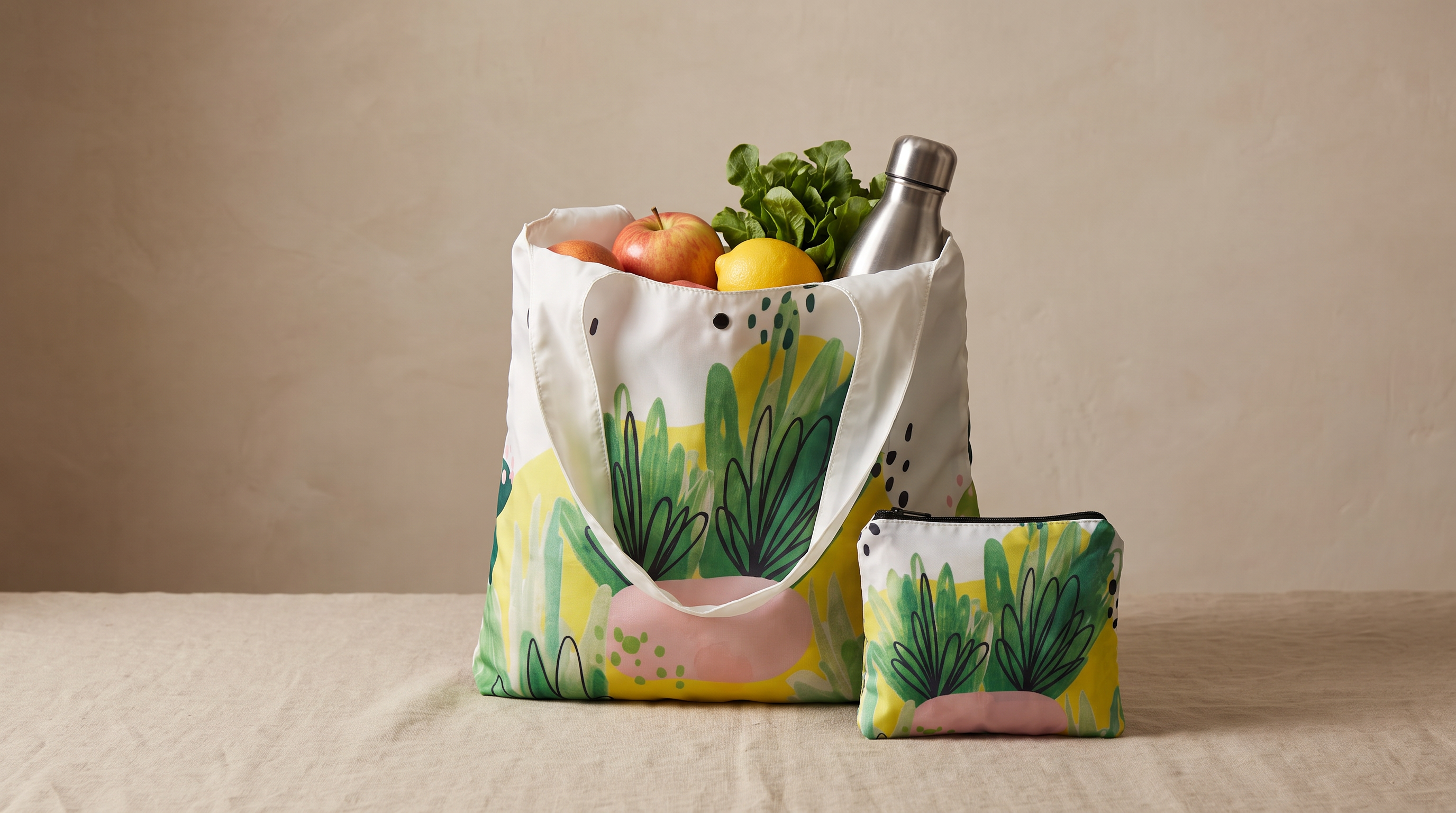 PLURiTy reusable shopping bag with coordinating storage pouch and everyday essentials